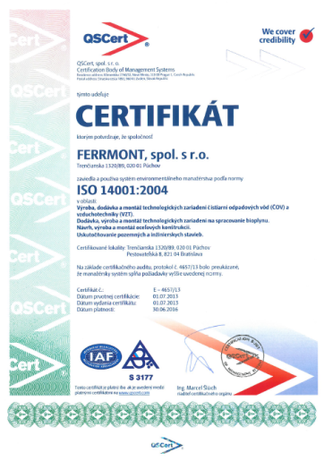 Certificate ISO 14001:2004 (SK)