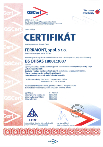 Certificate BS OHSAS 18001:2007 (SK)