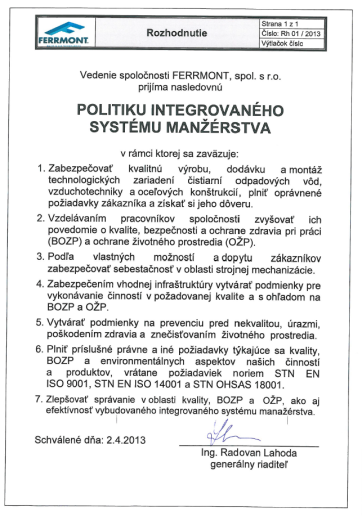 Politika integrovaného systému manažérstva (SK)