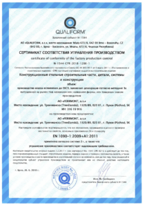 Certificate EN 1090-1:2009+A1:2011