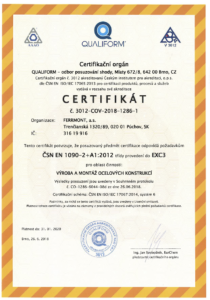Certifikát ČSN EN 1090-2+A1:2012
